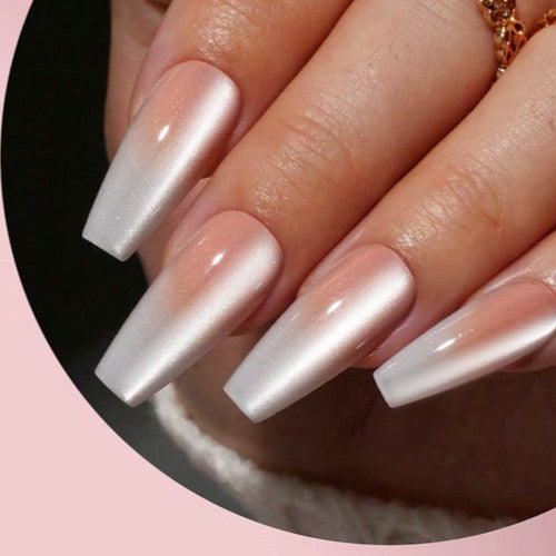 Medium Coffin Cat Eye Peach Ombre Nail Tips Set with Glue & File