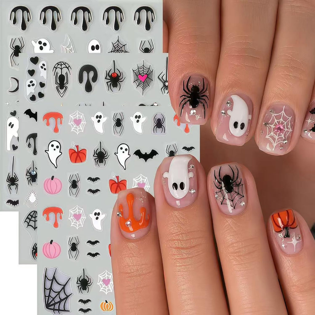 Halloween Nail Stickers Set - 6 Sheets Bat Spider Spider Web Multicolor