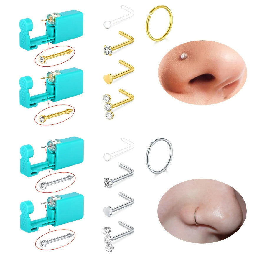 Nose Piercing Kit 7pcs - Disposable Gun & Stud Set, Stainless Steel Jewelry
