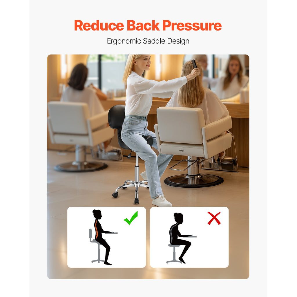 Adjustable Saddle Stool with Wheels and Backrest - PU Leather, Heavy Duty