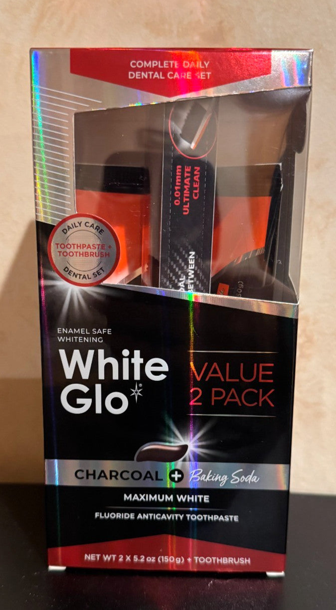 White Glo Max White Toothpaste Set 2x5.2 Oz + Charcoal Toothbrush & Baking Soda