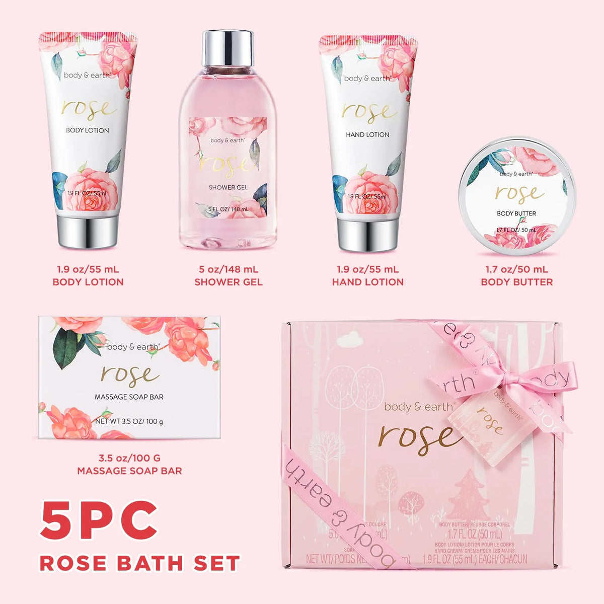 Luxury Rose Scent Bath Gift Set for Women - 5 Piece Spa & Body Care Collection