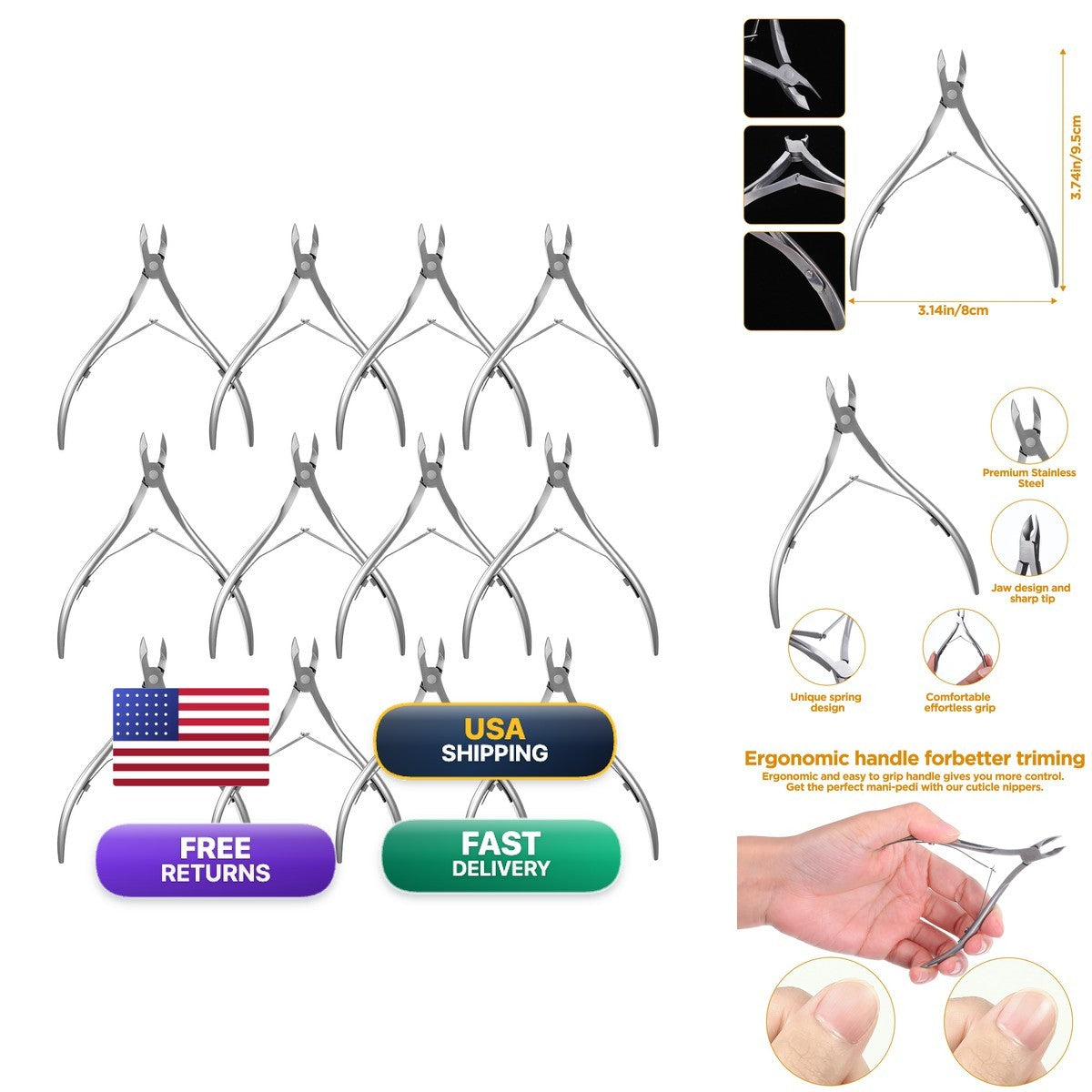 Professional Stainless Steel Cuticle Nippers 12-Pack for Dead Skin & Nail Care