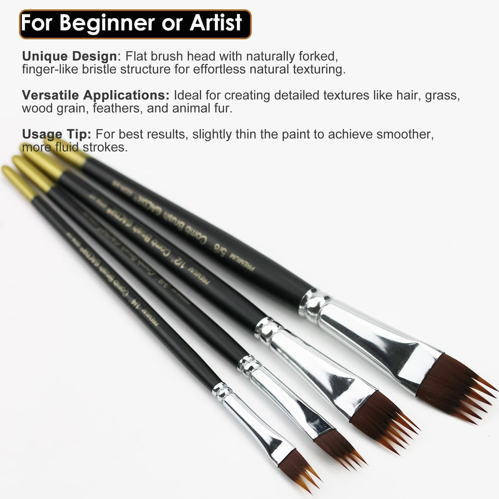 Professional Paint Brush Comb Set - 4 Ergonomic Acrylic, Watercolor & Oil Brushes
