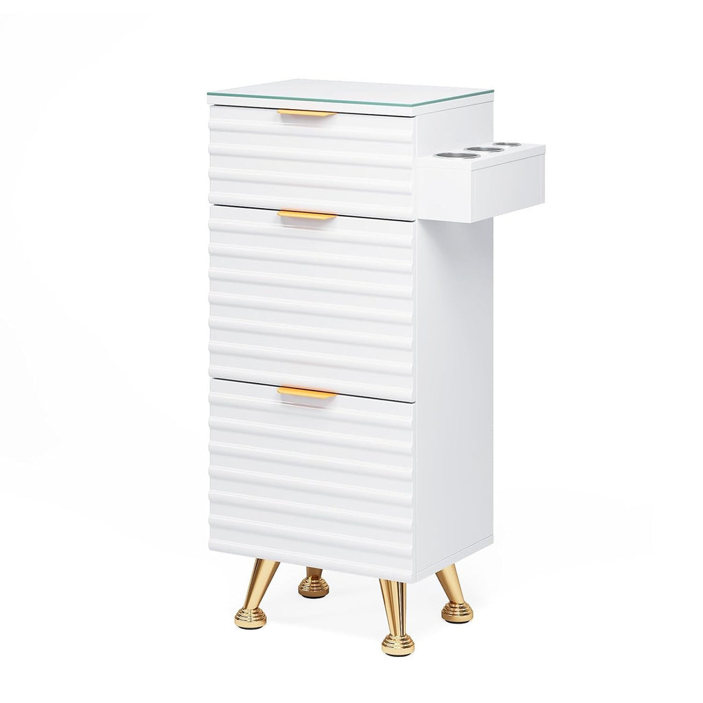 Salon Styling Station with Glass Top and Storage Drawers for Hair & Barber Shops
