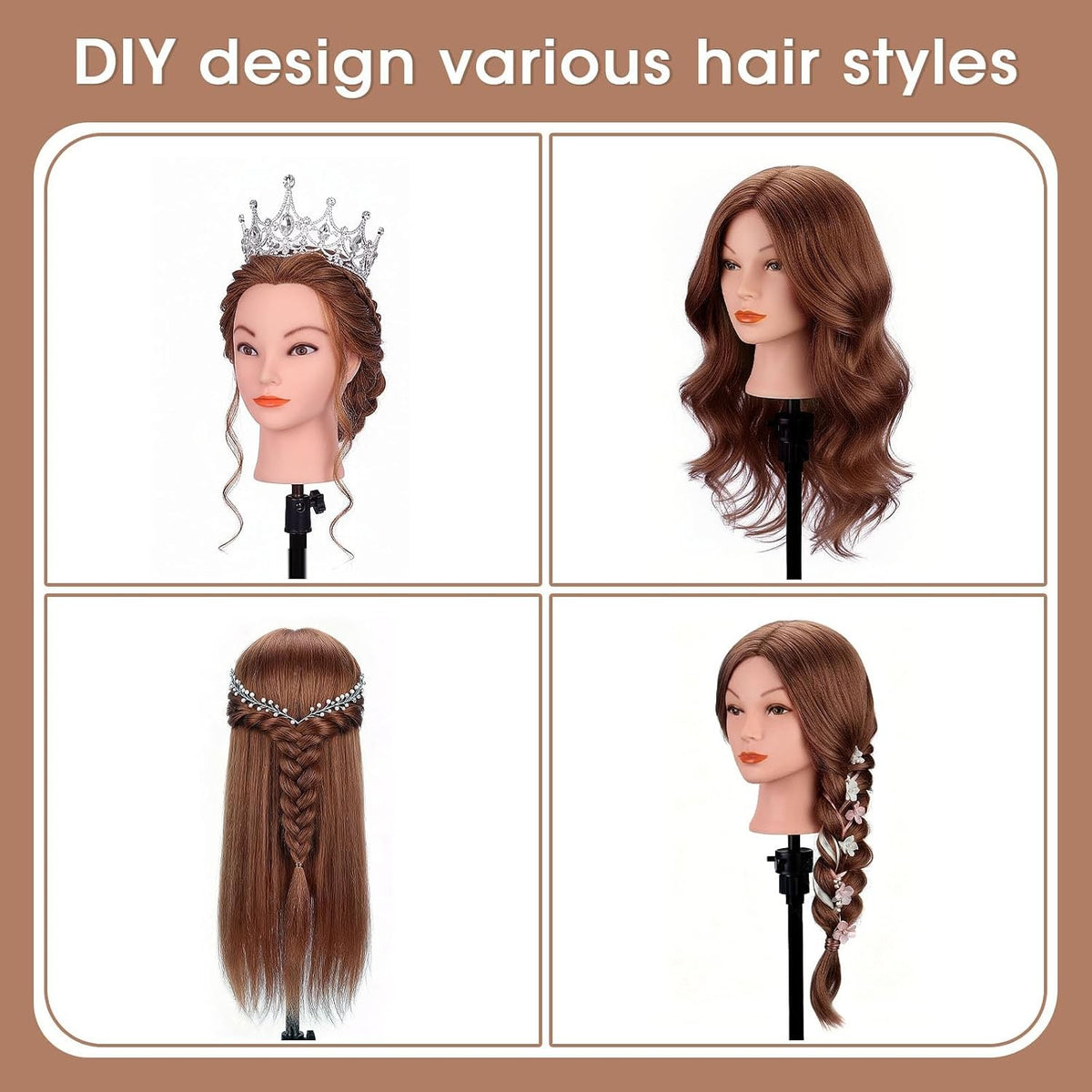 Mannequin Head with 100% Human Hair for Hair Styling Practice - Dark Brown