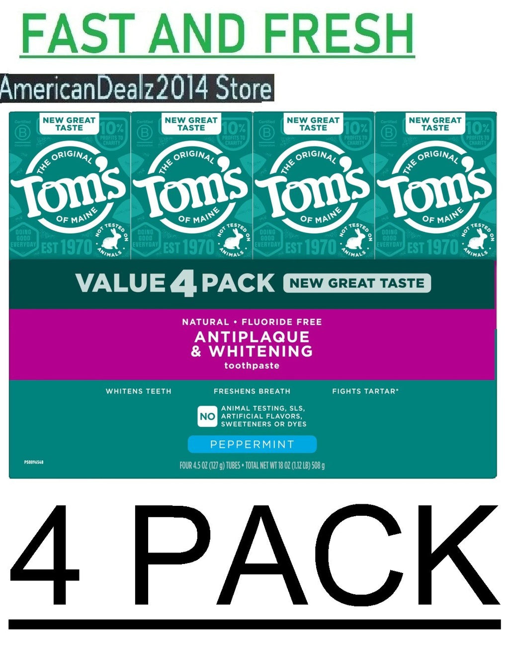 4 Pack Antiplaque & Whitening Toothpaste - Fluoride-Free Peppermint 4.5 Oz