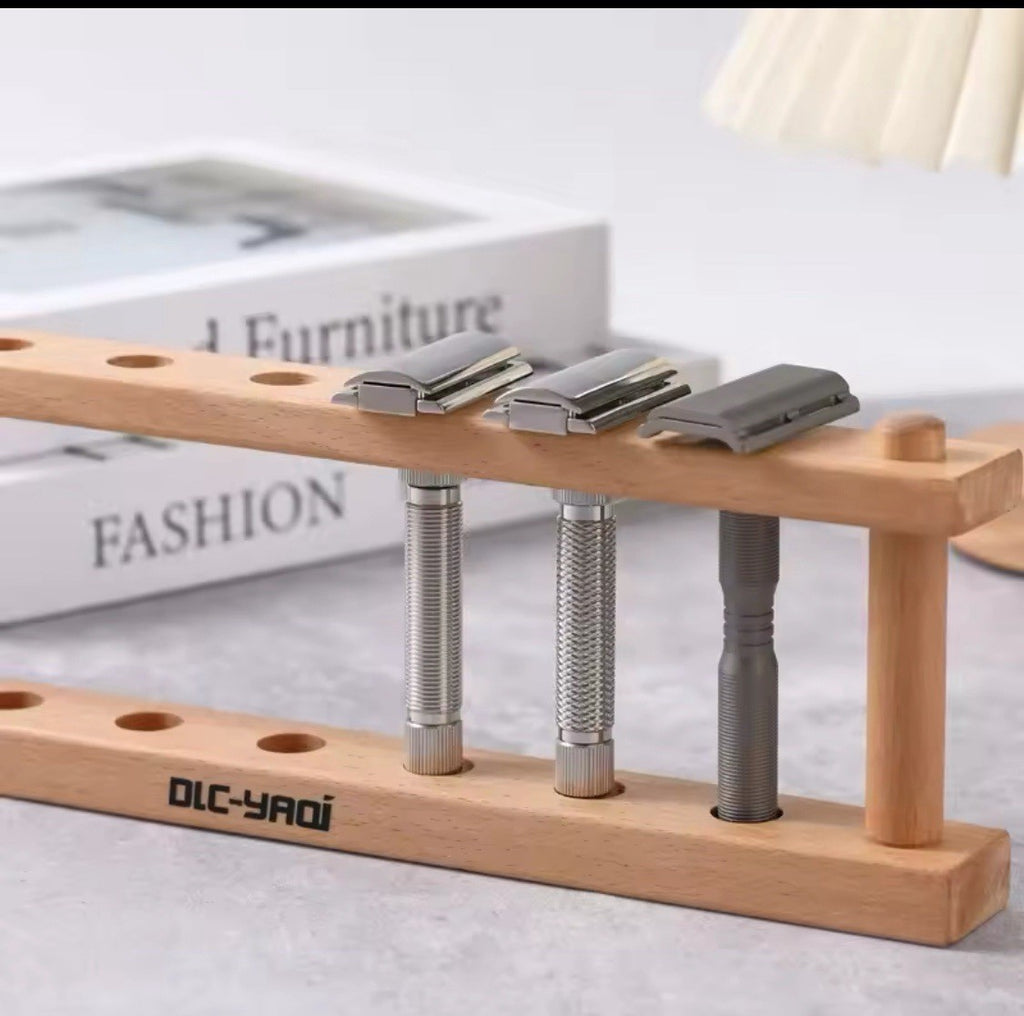 Wood Safety Razor Display Stand – 7 Holes, Countertop Storage for Razors