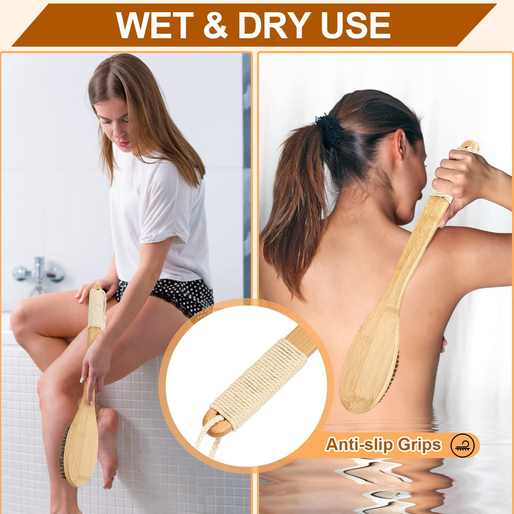 Wood Curved Bath Brush with Long Handle for Back Exfoliation