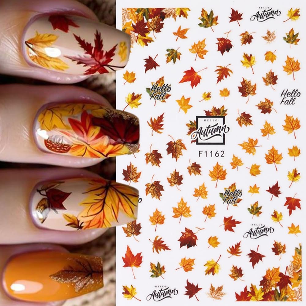 Fall Nail Art Stickers - Autumn Maple Leaf 3D Self-Adhesive Nail Decals, 6 Sheets