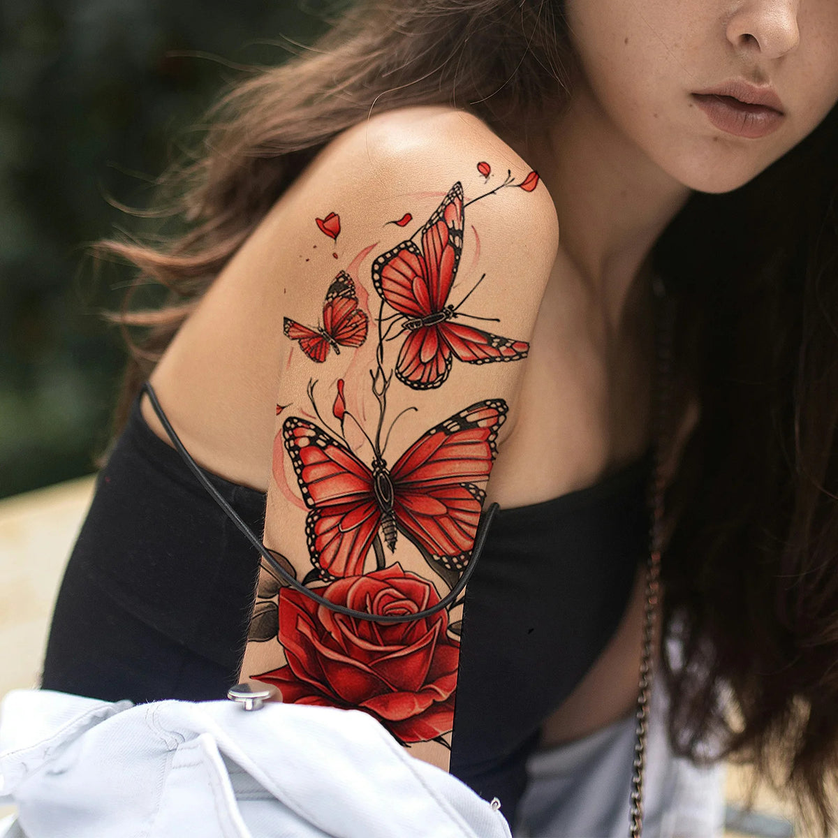 Waterproof Temporary Tattoos - Red Butterfly & Rose 2 Sheets