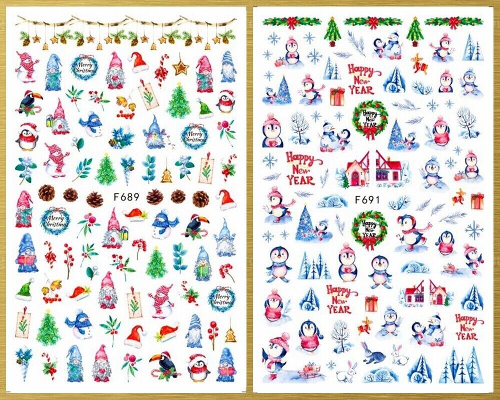 Holiday Snowman Penguin Reindeer Nail Stickers Set for Christmas and New Year