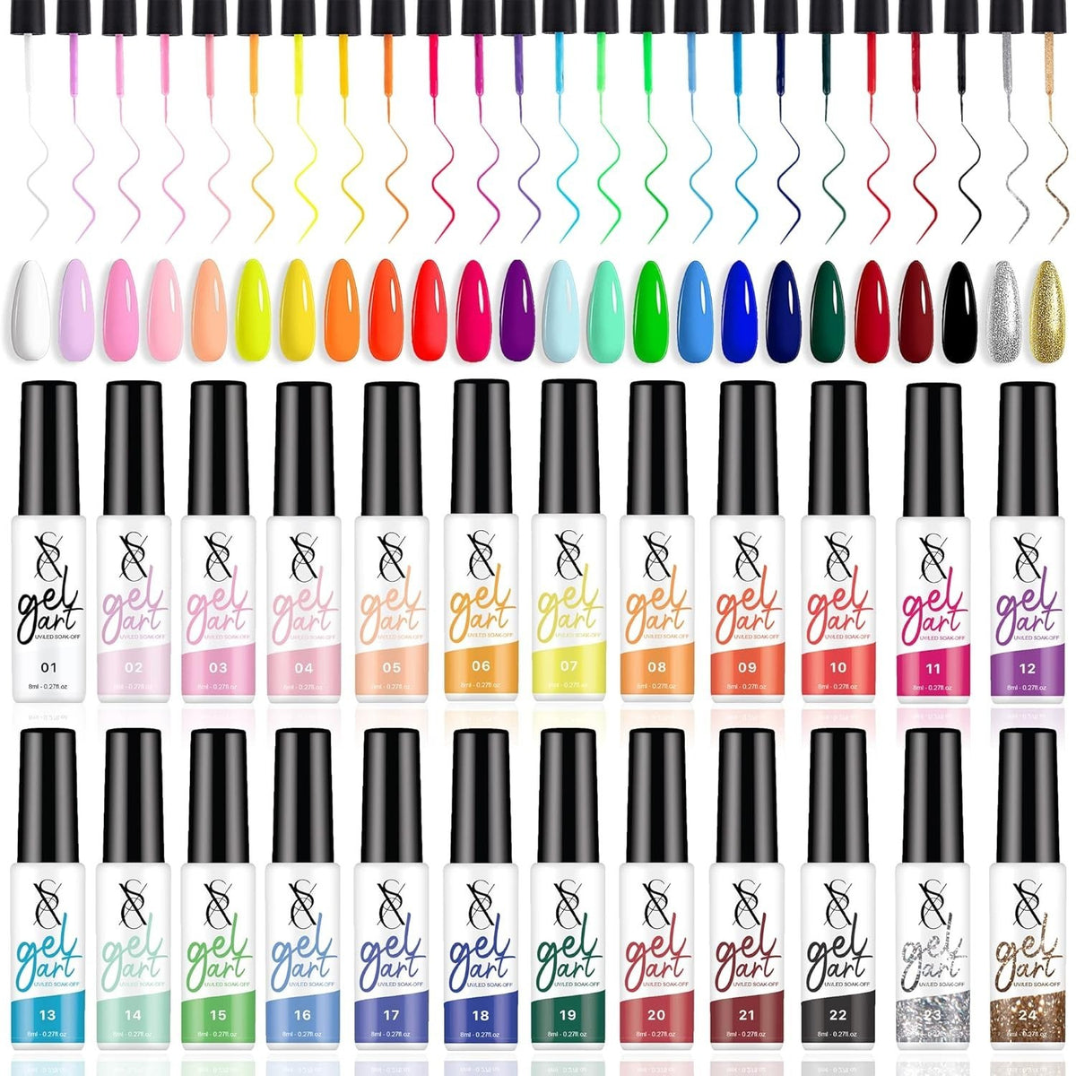 24-Color Gel Nail Art Liner Set with Brush - Precision, Vibrant Colors