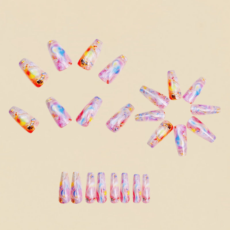 48 Pcs Iridescent Rhinestone Press-On Nails Long Coffin Nude Elegant Fake Nails