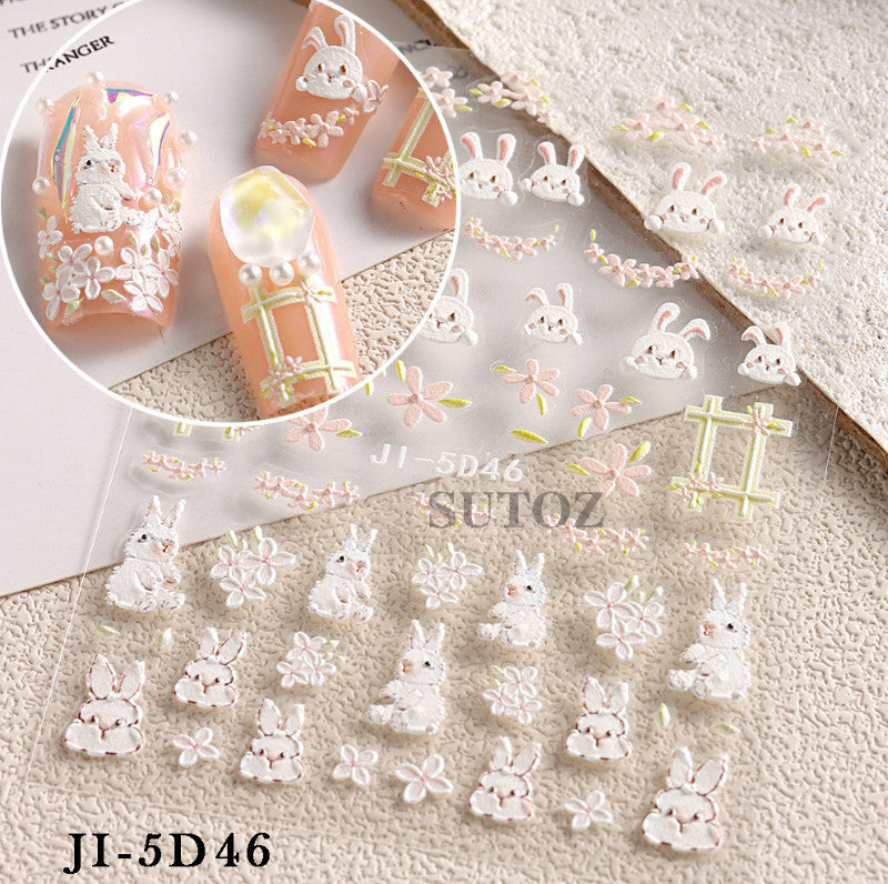 Pink Rabbit Nail Decal Stickers for Manicure - 5D Embossed Floral Design