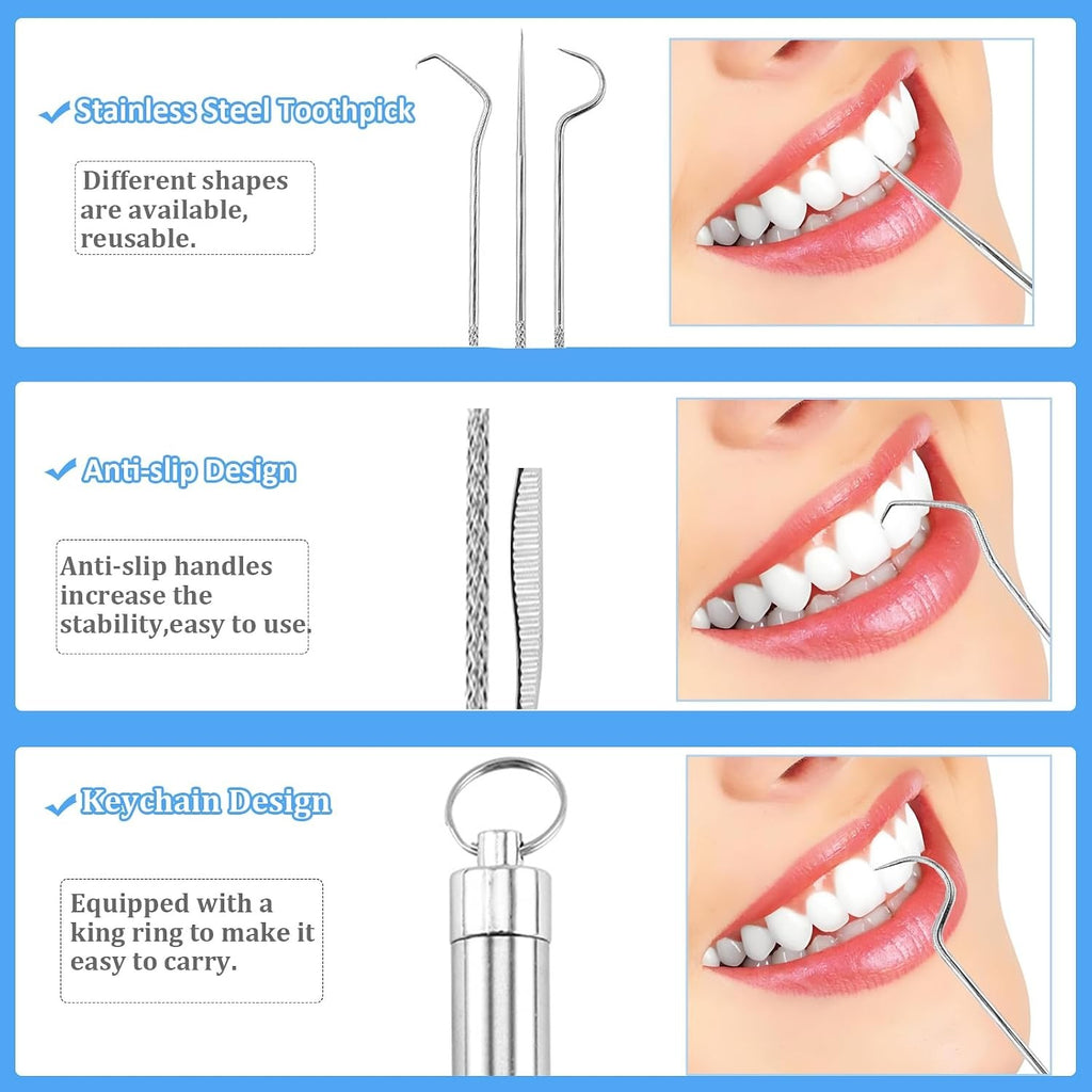 Set of 7 Stainless Steel Toothpicks with Keychain Holder - Reusable Portable Oral Care