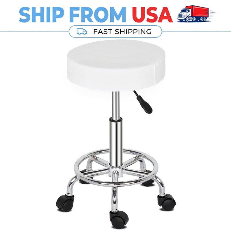 White Adjustable Salon Stool with Wheels 360° Swivel & Pneumatic Height