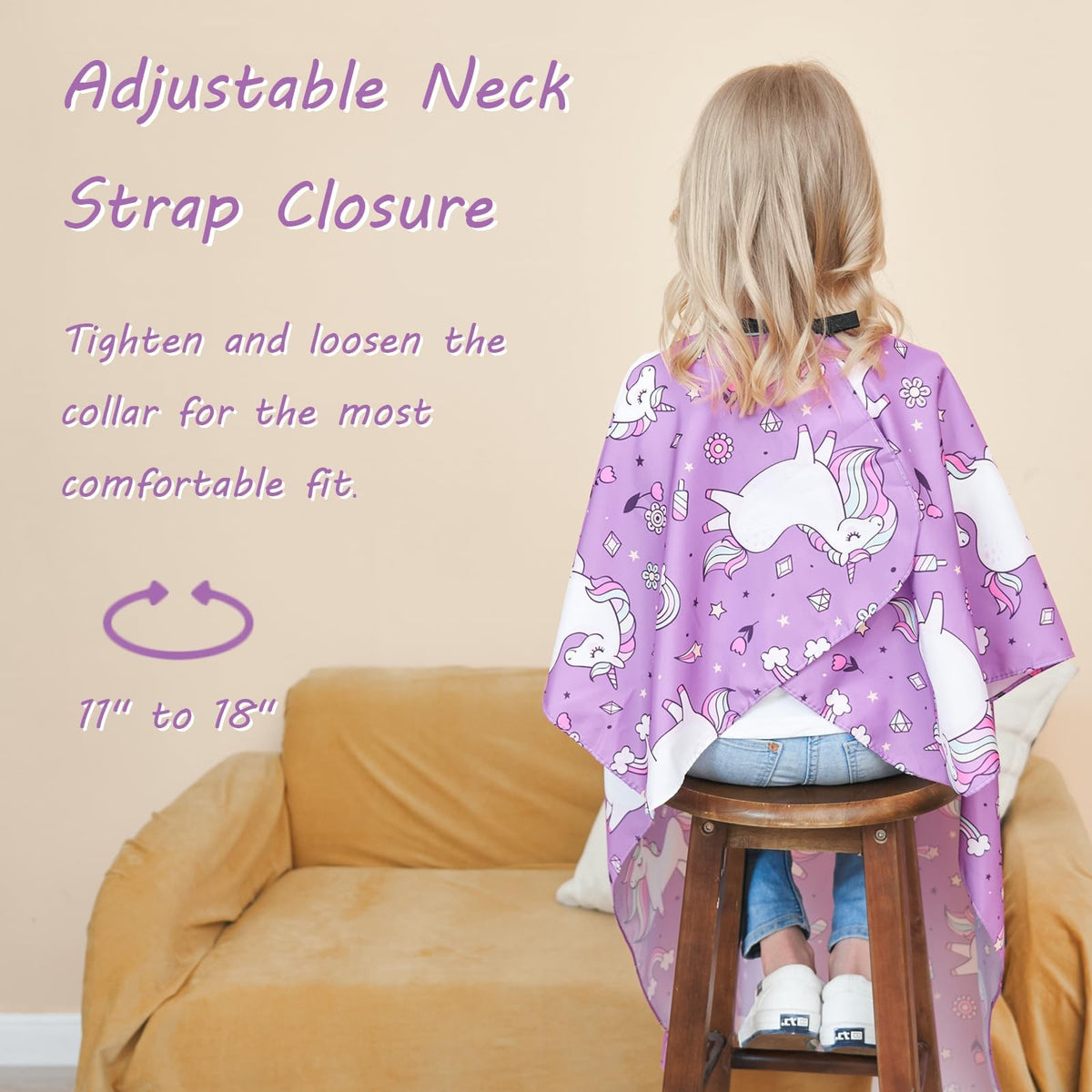 Kids Hair Cutting Cape with Adjustable Neck Strap and Unicorn Pattern - 51 x 36 Inch, Purple