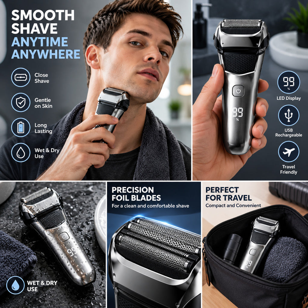 Cordless Waterproof Electric Razor for Men - Wet Dry Shaving, Floating Heads, Fast Charging