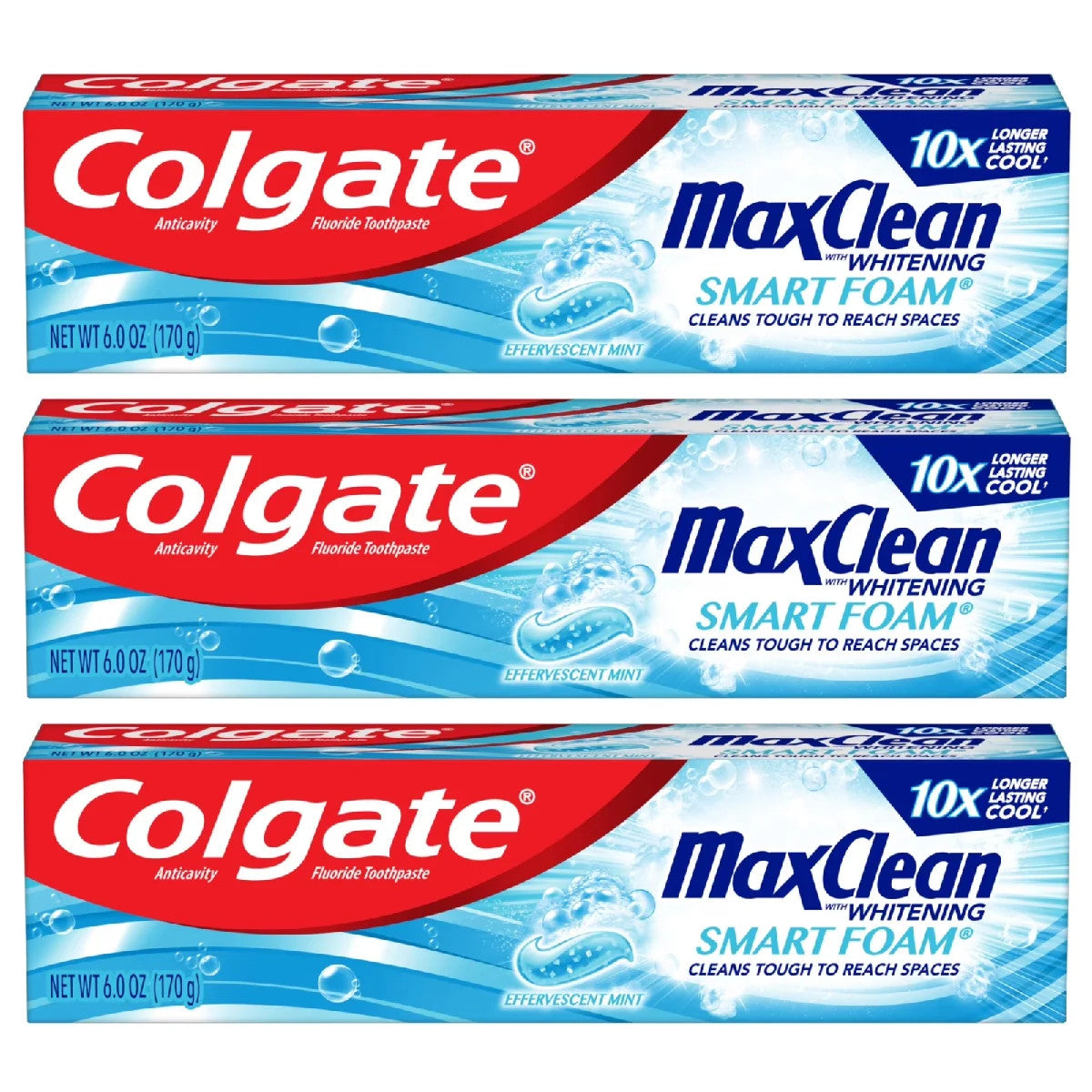 Colgate Max Clean SmartFoam Whitening Toothpaste Effervescent Mint 6 oz – 3 Pack