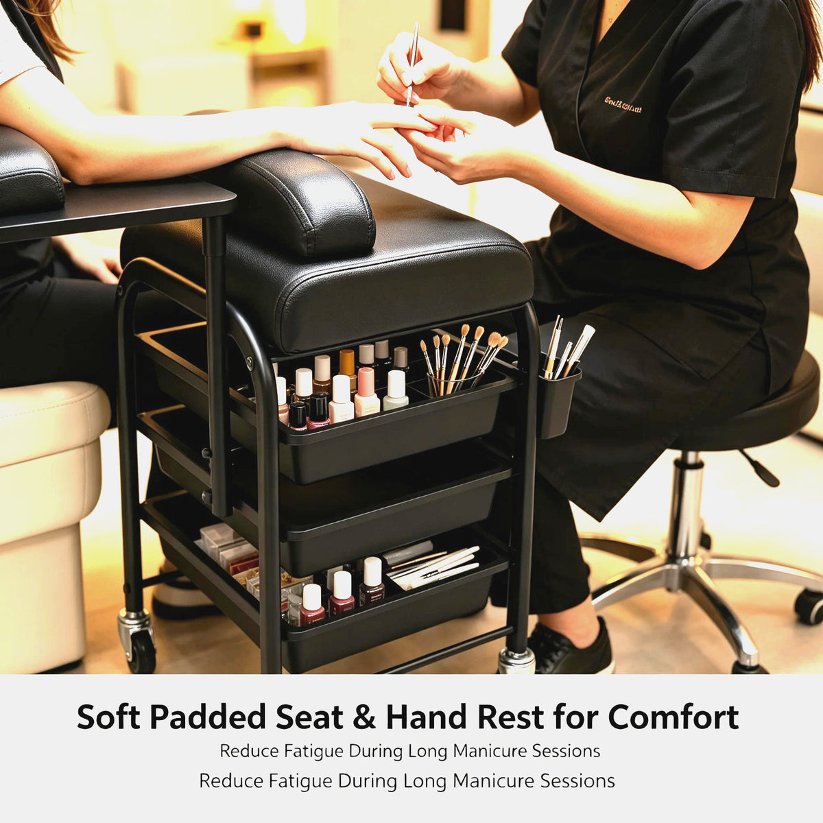 Salon Storage Trolley Cart with 3 Drawers & 360° Rotating Hand Rest - Professional Nail & Beauty Station
