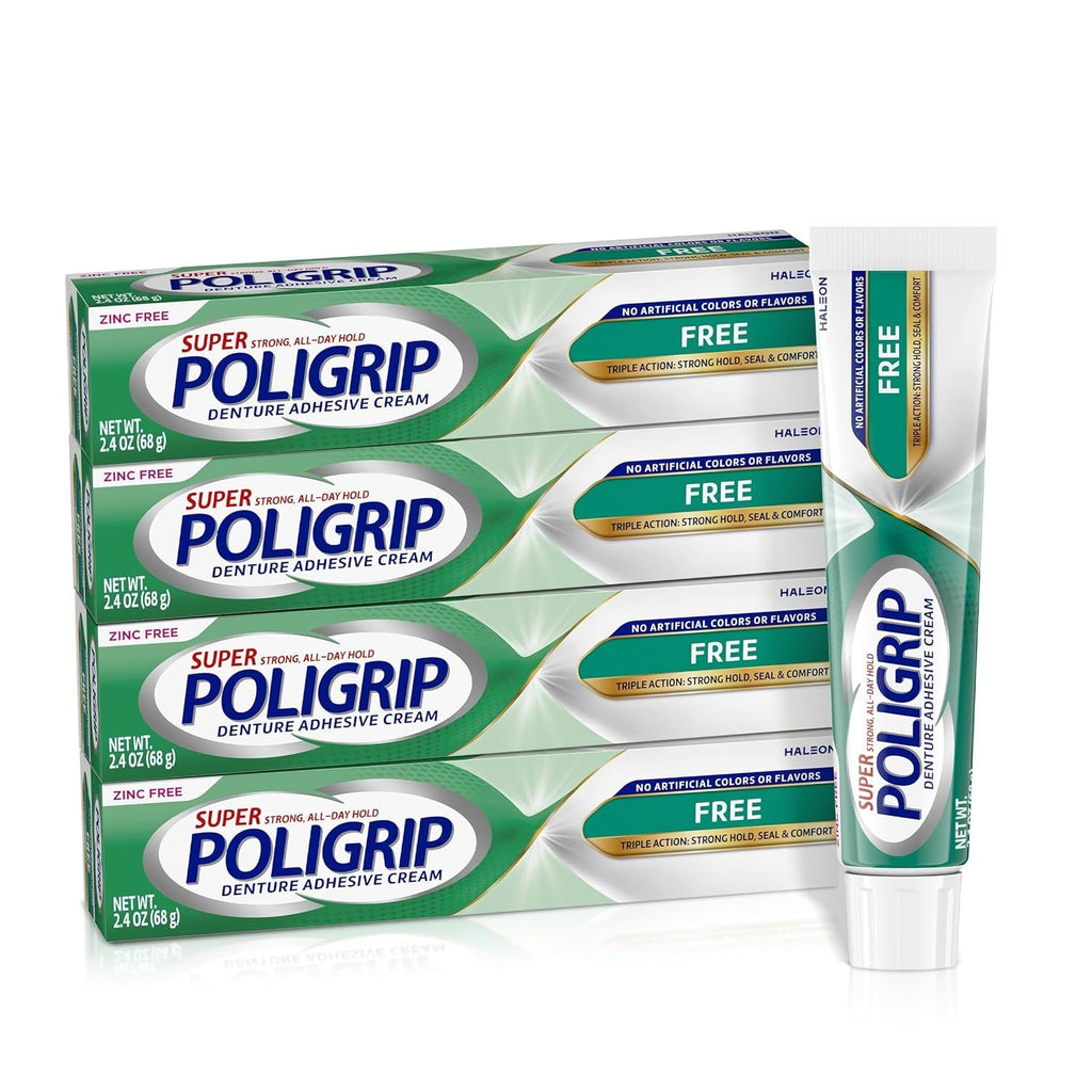 Denture Adhesive Cream 4-Pack - Strong All-Day Hold, Food Seal, Zinc-Free