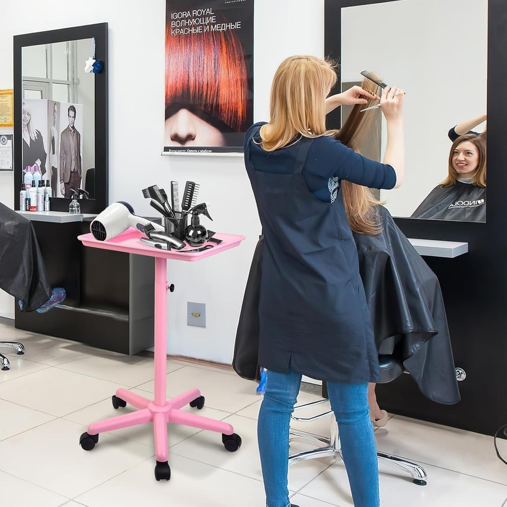 Pink Height-Adjustable Salon Tray with 5 Wheels for Beauty & Home Use