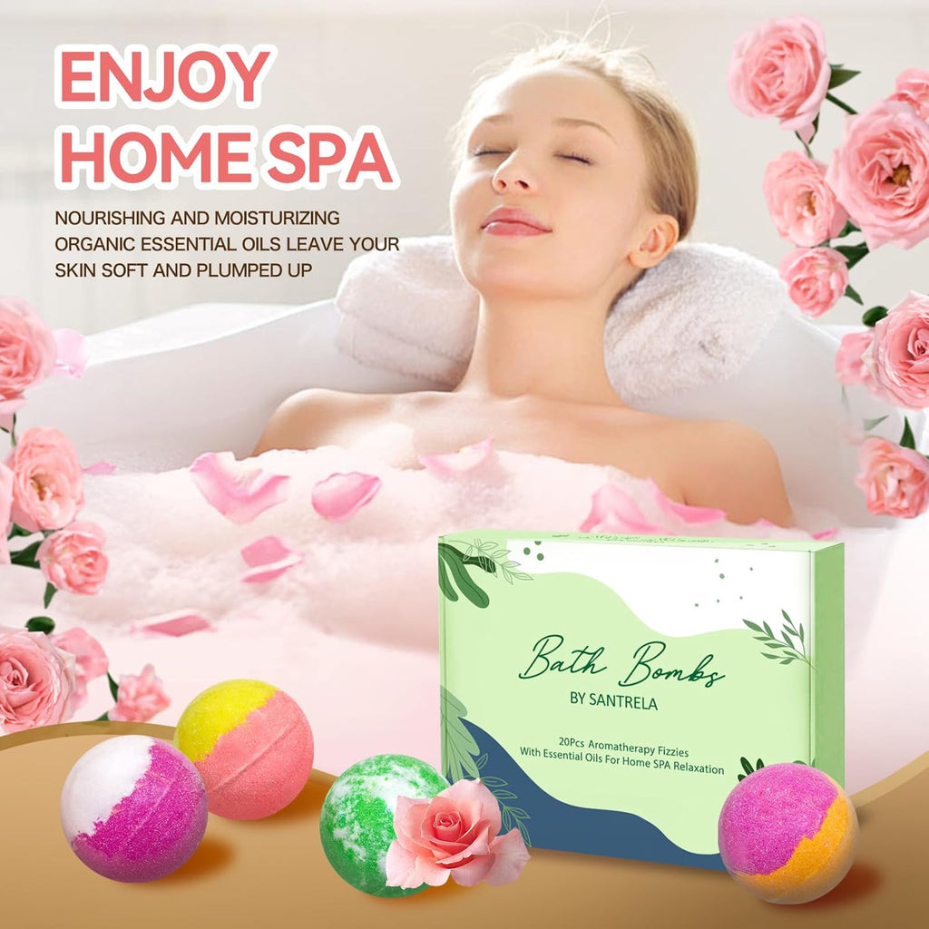 Organic Bath Bomb Gift Set for Relaxation - 20 Handmade Spa Bubble Bombs with Essential Oils