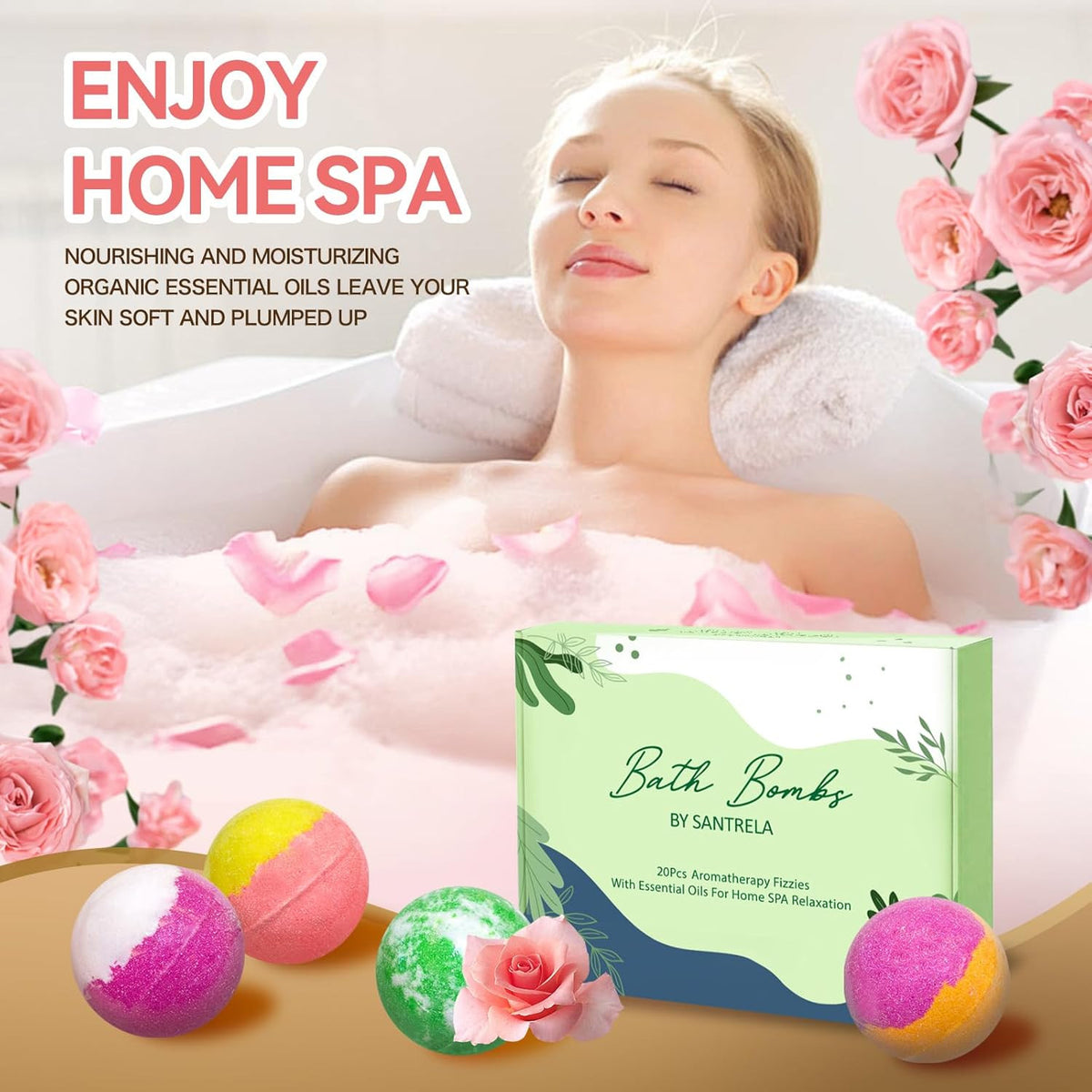 Organic Bath Bomb Gift Set for Relaxation - 20 Handmade Spa Bubble Bombs with Essential Oils