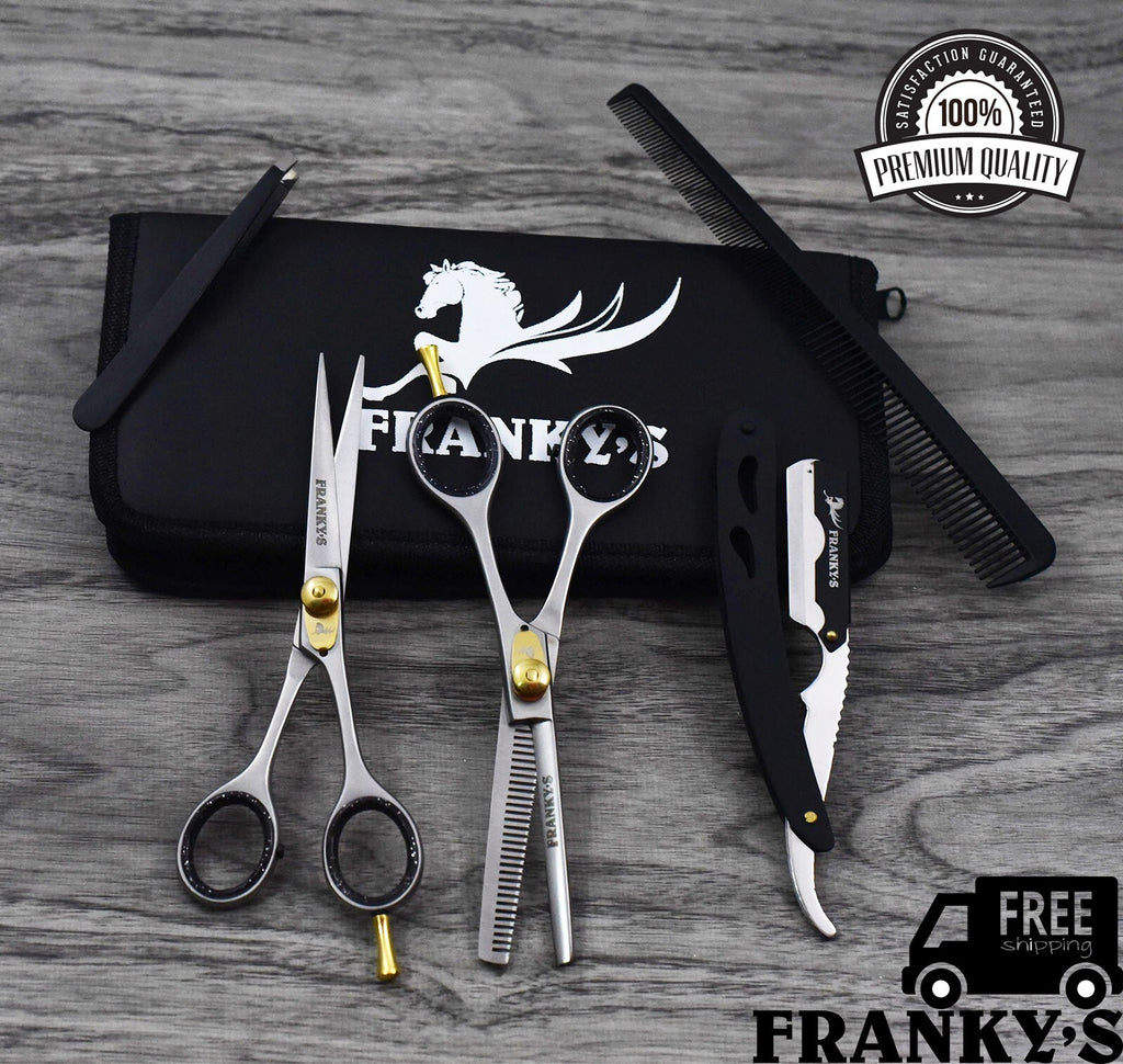 Professional Hair Cutting & Thinning Scissors Set with Razor and Pouch - 6.5 Inch