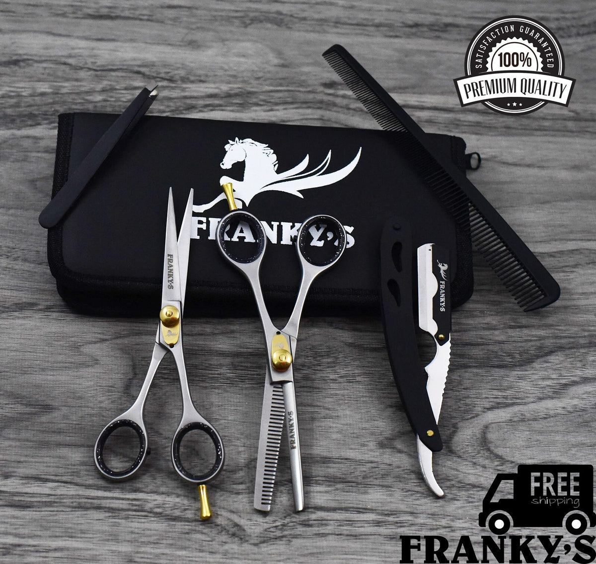 Professional Hair Cutting & Thinning Scissors Set with Razor and Pouch - 6.5 Inch