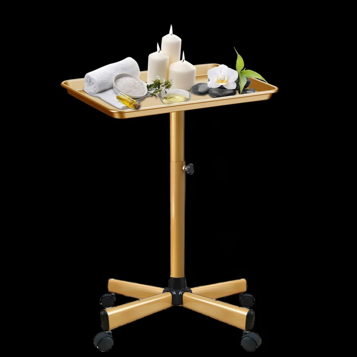 Rolling Salon Service Tray Aluminum with Adjustable Height & Smooth Wheels