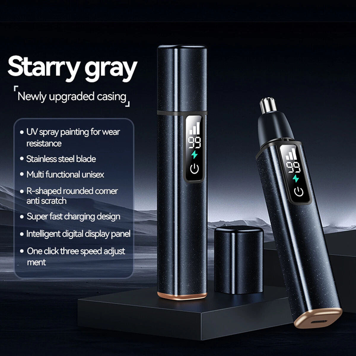 Rechargeable Nose Ear & Face Hair Trimmer for Men - Waterproof, 3-Speed, LCD Display