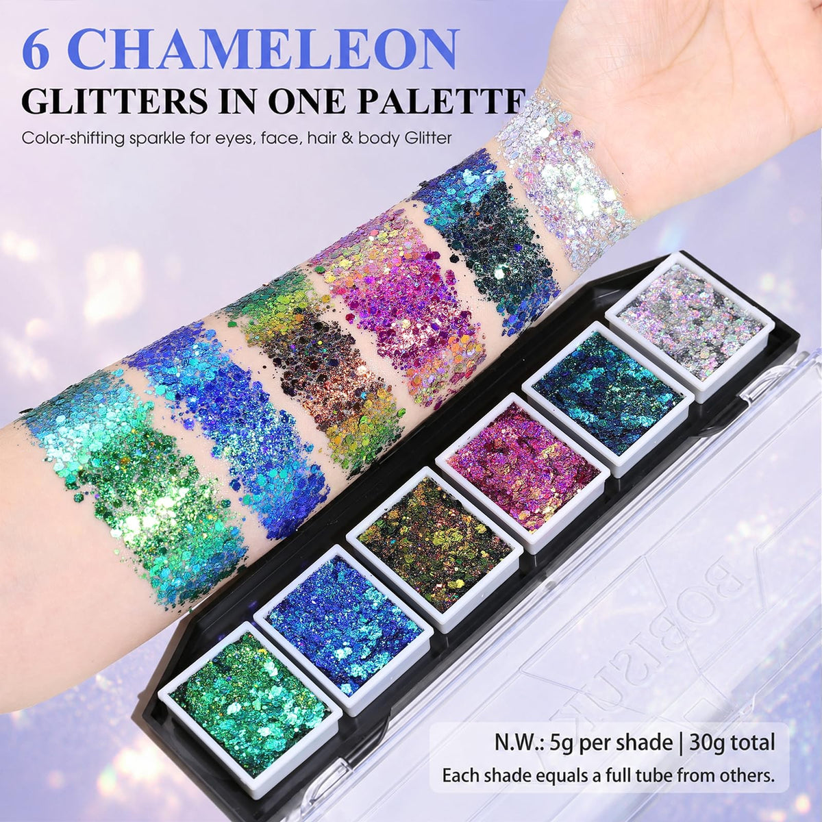 Chameleon Face & Body Glitter Palette - 6 Multi Chrome Pressed Glitter Shades