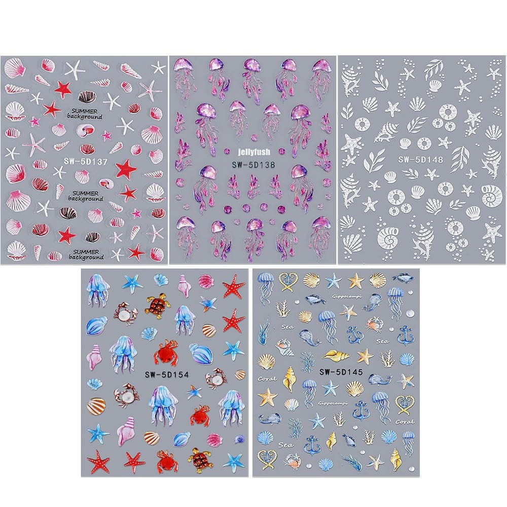 Summer Ocean Nail Stickers - 5D Embossed Shell & Sea Creatures Decals