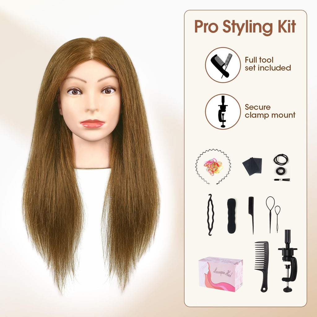 18 Inch Human Hair Mannequin Head for Hair Styling & Training Kit