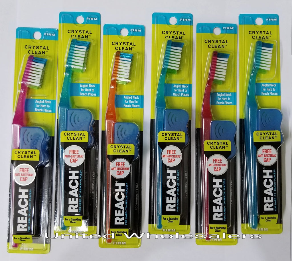 6 Pack Reach Crystal Clean Hard Toothbrushes with Firm Bristles & Free Caps