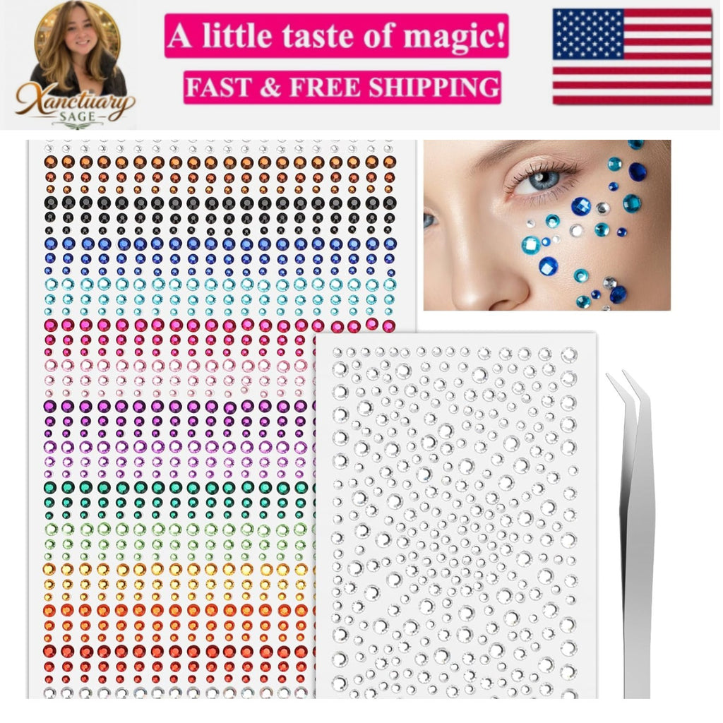 Face Gems Self-Adhesive Festival Jewels for Makeup, Hair, Nails – 2 Sheets