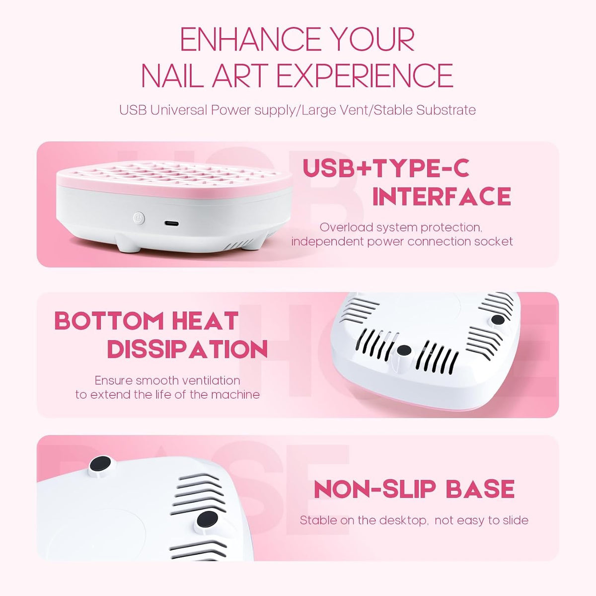 Pink Nail Dust Collector with 10 Filter Pads for Nail Art Beginners