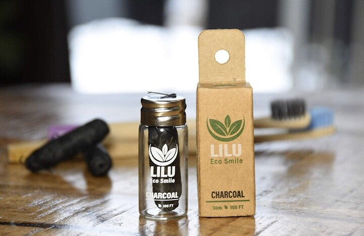 Organic Vegan Bamboo Charcoal Dental Floss in Reusable Glass Bottle - Eco-Friendly, Biodegradable, 30m