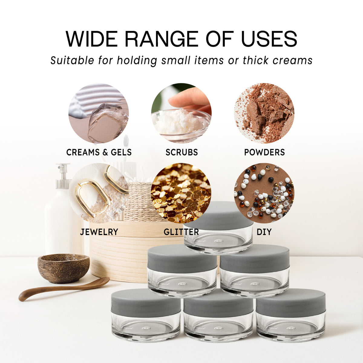 20G Clear Cosmetic Sample Jars with Gray Lids - Pack of 24 BPA Free Containers