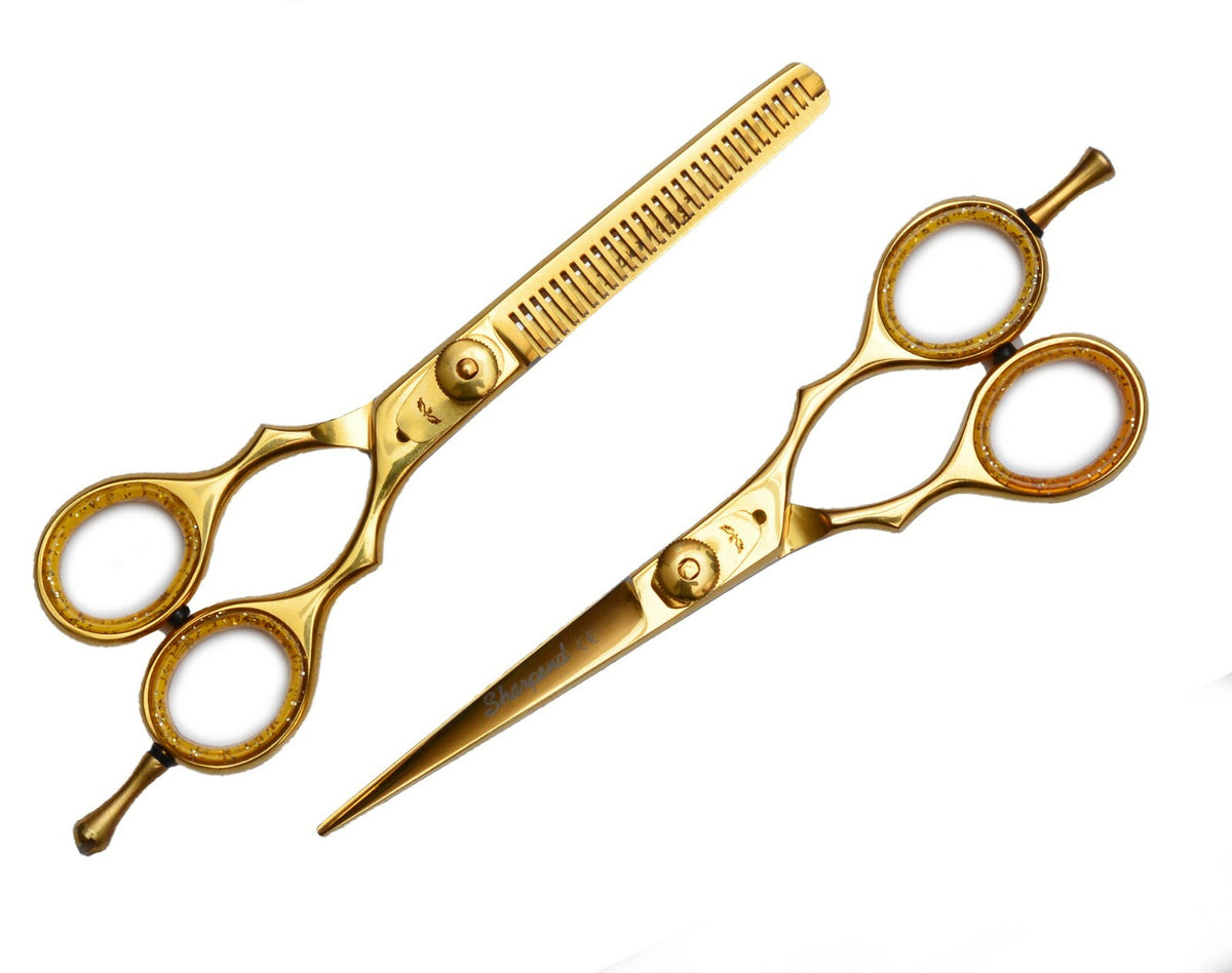 Gold 5.5 Inch Barber Hair Cutting & Thinning Scissors Set with Free Razor & Tweezer