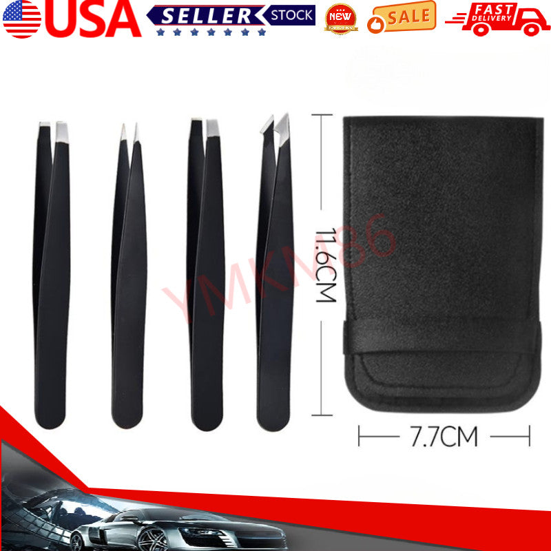 Professional 4-Piece Tweezers Set with Case - Slant, Pointed, Classic Stainless Steel
