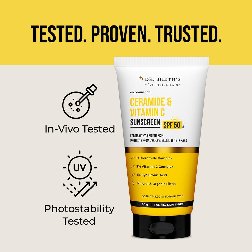 SPF 50+ Vitamin C Sunscreen for Bright Skin - Dr. Sheth's, 50g & 80g Options