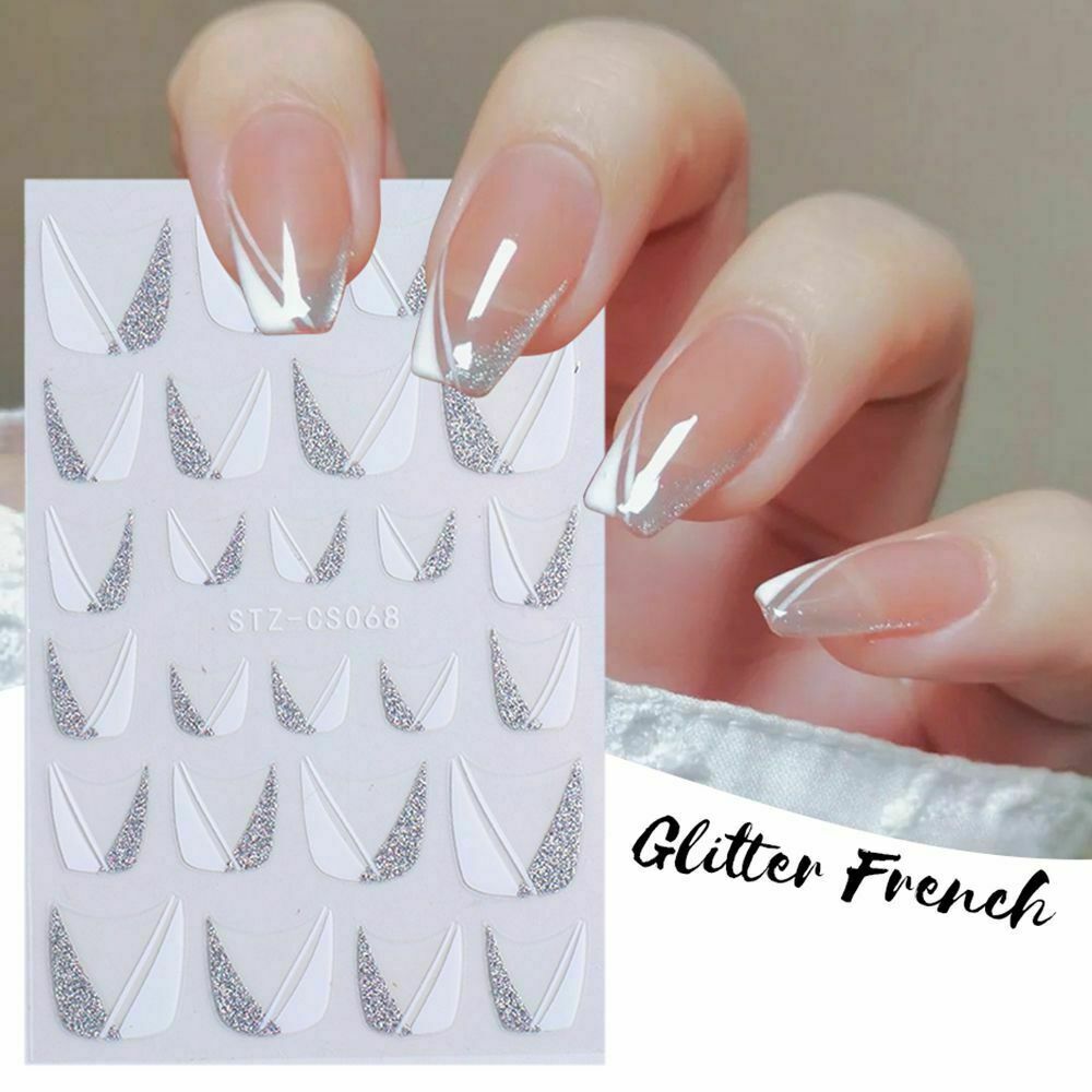 3D Silver White Glitter French Tip Nail Stickers for Manicure - CS68