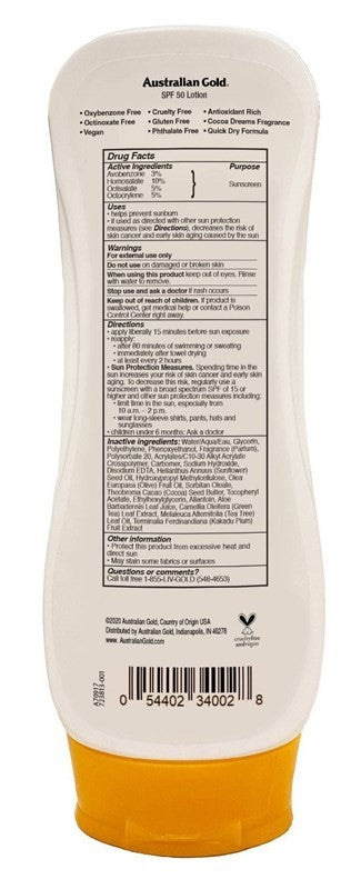Australian Gold SPF 50 Sun Protection Lotion with Aloe 8oz – Hydrating, Water-Resistant