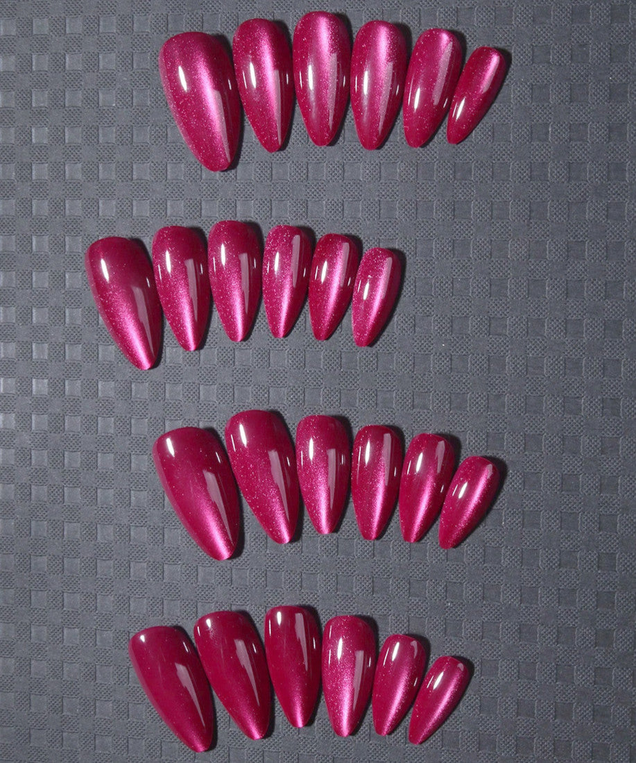 Almond Cat Eye Nail Tips Haute Pink Full Cover Stiletto Medium Length 24 Count