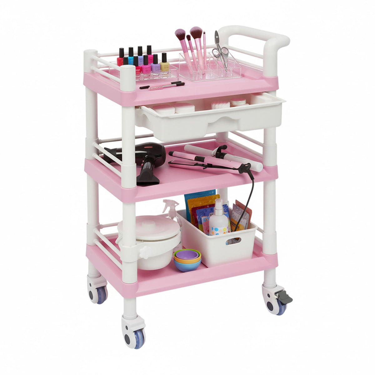 Salon Trolley Cart with 3 Tiers, Drawer & Waste Bin - Rolling Spa Organizer