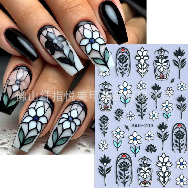 3D Floral Line Art & Stained Glass Style Flower Nail Art Stickers - Glitter Shine