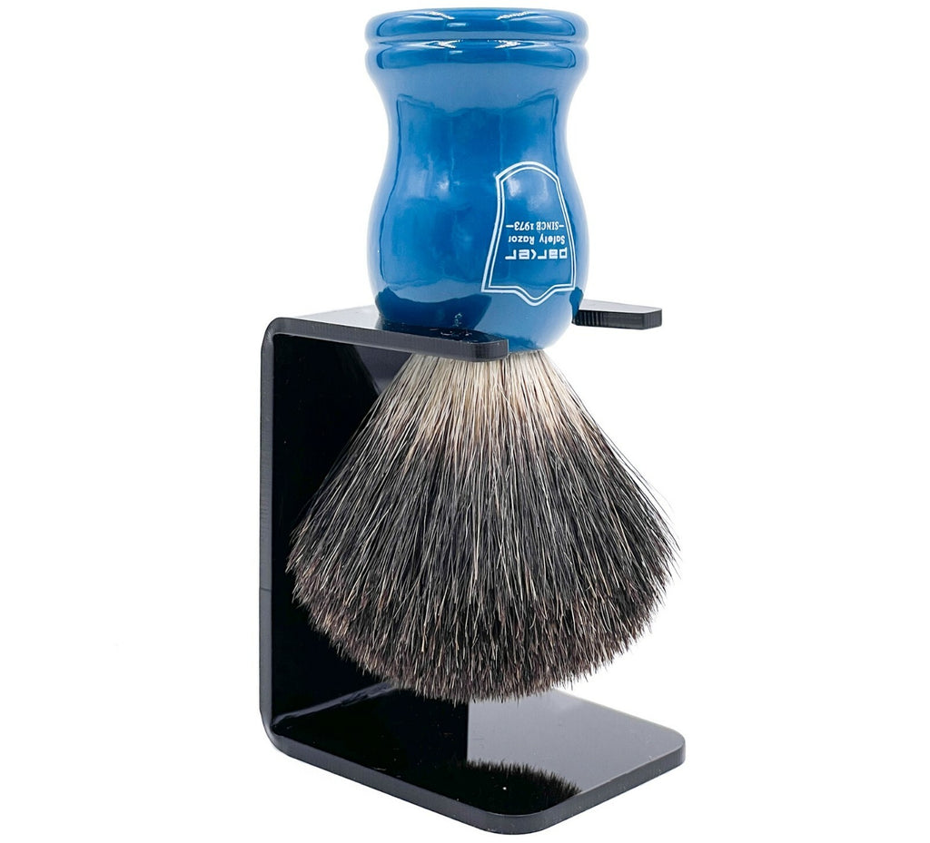 Black Badger Shaving Brush with Blue Wood Handle & Stand - Handmade Grooming Tool